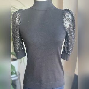 Carmen Marc Valvo Black Mock Neck Knit Top Sequin Sheer Puff Sleeve Size S